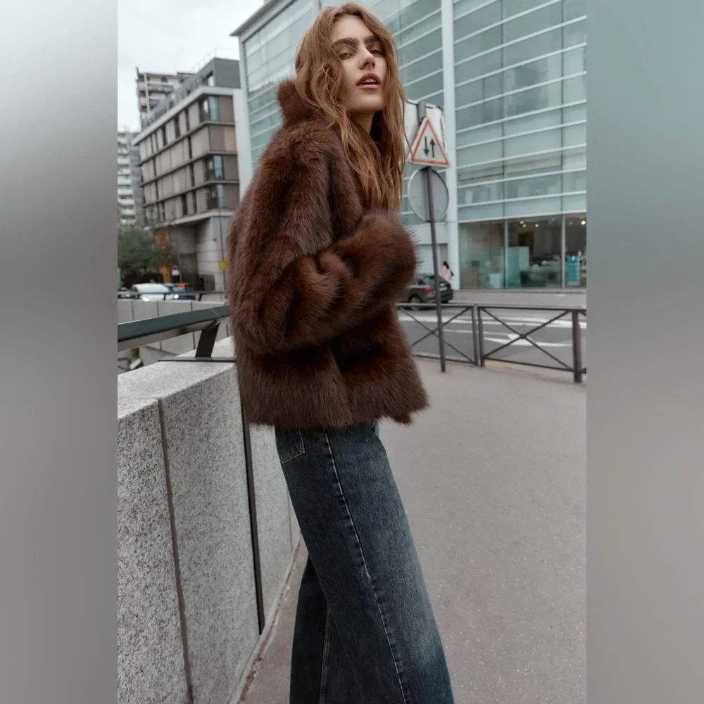 Zara Faux Fur Brown Reversible Jacket Coat